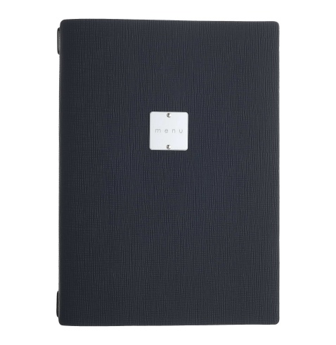 Porta Menu A4 (23,2x31,8 cm) etichetta METAL "personalizzata" (minimo 18 pezzi) 2 buste (4 facciate) elastico nero CHEF BLU