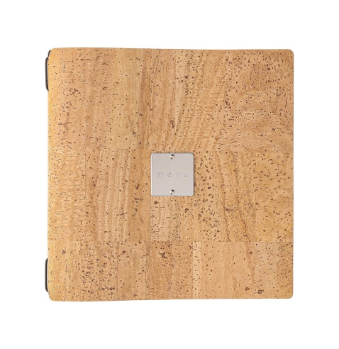 Porta Menu QUADRATO (23x23,1 cm) etichetta METAL "personalizzata" (minimo 18 pezzi) 2 buste (4 facciate) elastico nero SUGHERO N