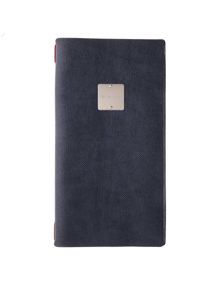 Porta Menu A4 SLIM (17,4x31,8 cm) etichetta METAL "personalizzata" (minimo 18 pezzi) 2 buste (4 facciate) elastico rosso JUTA BL