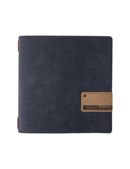 Porta Menu QUADRATO (23x23,1 cm) etichetta PATCH "personalizzata" (minimo 18 pezzi) 2 buste (4 facciate) elastico rosso JUTA BLU