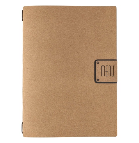 Porta Menu A4 (23,2x31,8 cm) etichetta PATCH "personalizzata" (minimo 18 pezzi) solo elastico nero ECOMENU NATURALE sp. 0.6