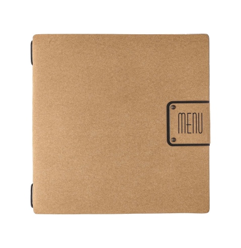 Porta Menu QUADRATO (23x23,1 cm) etichetta PATCH "personalizzata" (minimo 18 pezzi) solo elastico nero ECOMENU NATURALE sp. 0.6