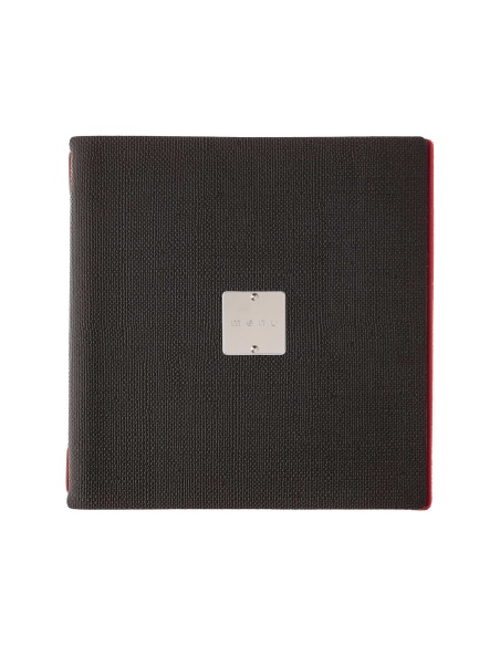 Porta Menu QUADRATO (23x23,1 cm) etichetta METAL "personalizzata" (minimo 18 pezzi) 2 buste (4 facciate) elastico rosso JUTA BIC
