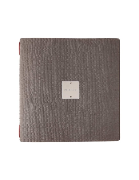Porta Menu QUADRATO (23x23,1 cm) etichetta METAL "menu" 2 buste (4 facciate) elastico rosso JUTA GRIGIO