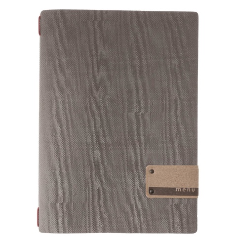 Porta Menu A4 (23,2x31,8 cm) etichetta PATCH "personalizzata" (minimo 18 pezzi) 2 buste (4 facciate) elastico rosso JUTA GRIGIO
