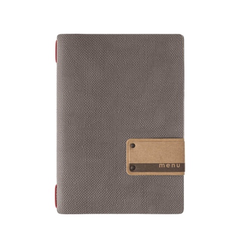 Porta Menu A5 (16,5x23,1 cm) etichetta PATCH "personalizzata" (minimo 18 pezzi) 2 buste (4 facciate) elastico rosso JUTA GRIGIO