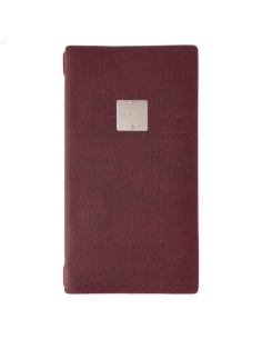 Porta Menu A4 SLIM (17,4x31,8 cm) etichetta METAL "personalizzata" (minimo 18 pezzi) 2 buste (4 facciate) elastico rosso JUTA BO