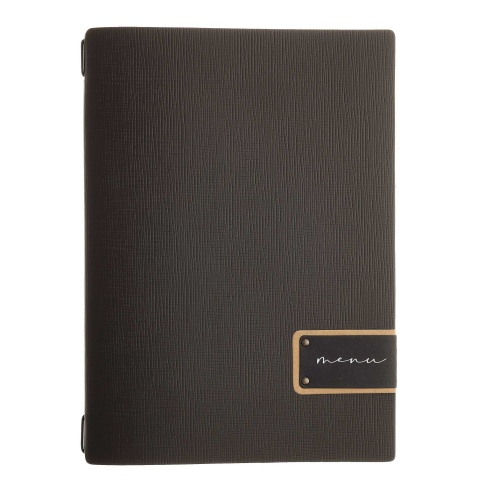 Porta Menu A4 (23,2x31,8 cm) etichetta PATCH "personalizzata" (minimo 18 pezzi) 2 buste (4 facciate) elastico nero CHEF MARRONE
