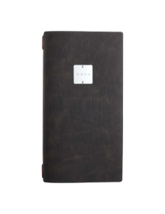 Porta Menu A4 SLIM (17,4x31,8 cm) etichetta METAL "menu" 2 buste (4 facciate) elastico rosso JUTA MARRONE