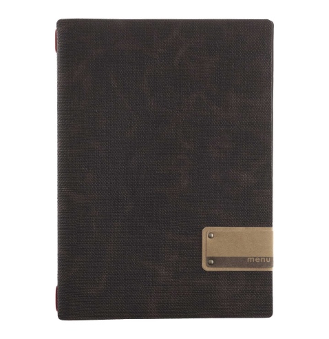 Porta Menu A4 (23,2x31,8 cm) etichetta PATCH "personalizzata" (minimo 18 pezzi) 2 buste (4 facciate) elastico rosso JUTA MARRONE