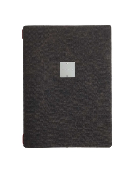 Porta Menu A4 (23,2x31,8 cm) etichetta METAL "menu" solo elastico rosso JUTA MARRONE