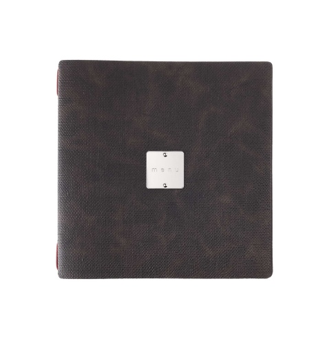 Porta Menu QUADRATO (23x23,1 cm) etichetta METAL "menu" solo elastico rosso JUTA MARRONE
