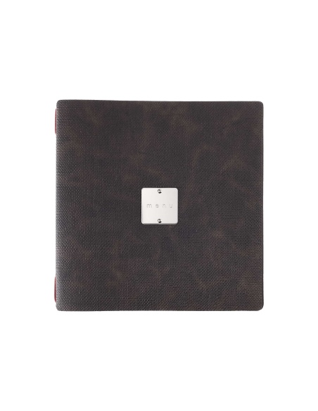 Porta Menu QUADRATO (23x23,1 cm) etichetta METAL "menu" solo elastico rosso JUTA MARRONE