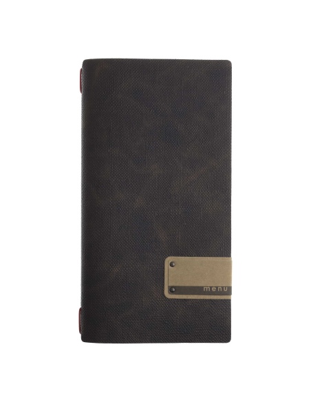 Porta Menu A4 SLIM (17,4x31,8 cm) etichetta PATCH "menu" solo elastico rosso JUTA MARRONE