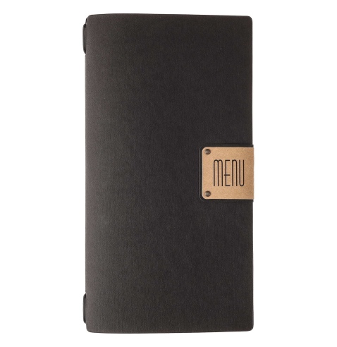 Porta Menu A4 SLIM (17,4x31,8 cm) etichetta PATCH "personalizzata" (minimo 18 pezzi) 2 buste (4 facciate) elastico nero ECOMENU 