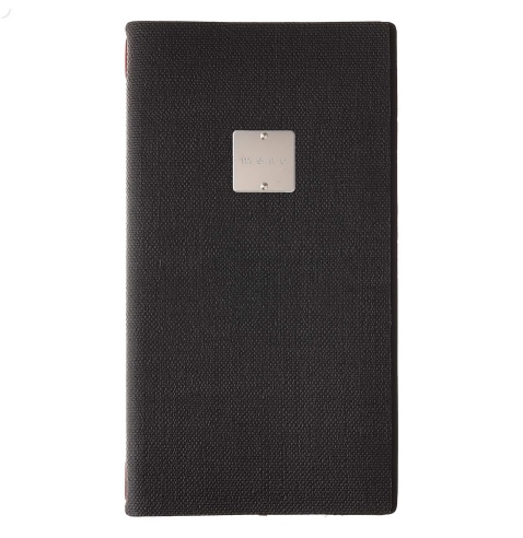 Porta Menu A4 SLIM (17,4x31,8 cm) etichetta METAL "menu" 2 buste (4 facciate) elastico rosso JUTA NERO