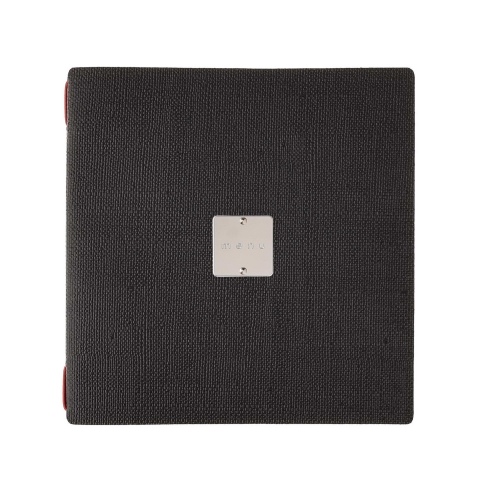 Porta Menu QUADRATO (23x23,1 cm) etichetta METAL "menu" 2 buste (4 facciate) elastico rosso JUTA NERO