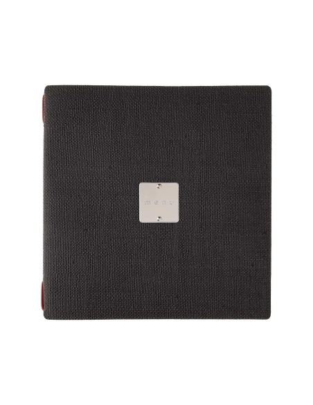 Porta Menu QUADRATO (23x23,1 cm) etichetta METAL "personalizzata" (minimo 18 pezzi) 2 buste (4 facciate) elastico rosso JUTA NER