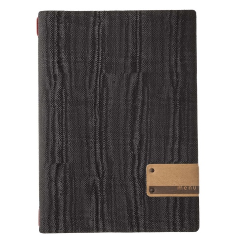 Porta Menu A4 (23,2x31,8 cm) etichetta PATCH "personalizzata" (minimo 18 pezzi) 2 buste (4 facciate) elastico rosso JUTA NERO