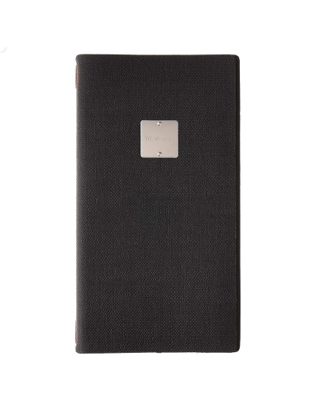 Porta Menu A4 SLIM (17,4x31,8 cm) etichetta METAL "menu" solo elastico rosso JUTA NERO