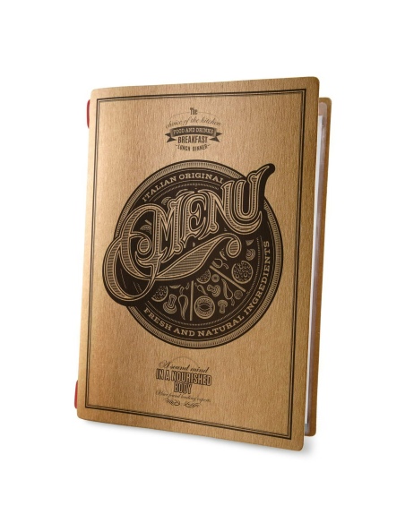 Porta Menu CUSTOM A4 (23,2x31,8 cm) "TATTOO NATURAL menu" 2 buste (4 facciate) elastico rosso ECO NATURALE sp. 0.6