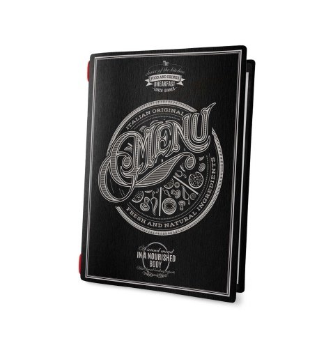 Porta Menu CUSTOM A5 (16,5x23,1 cm) "TATTOO BLACK menu" 2 buste (4 facciate) elastico rosso ECO NERO sp. 0.6