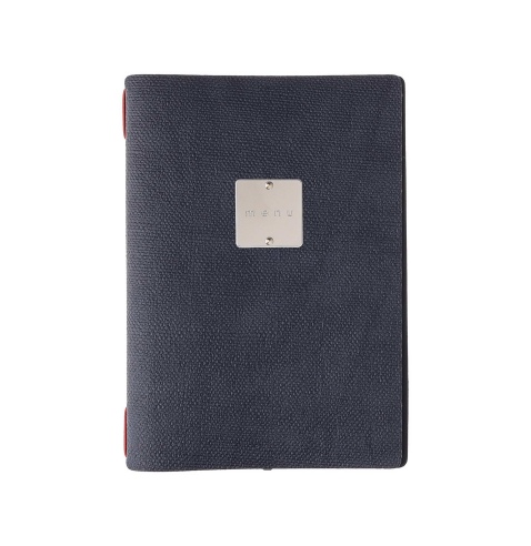 Porta Menu A5 (16,5x23,1 cm) etichetta METAL "menu" 2 buste (4 facciate) elastico rosso JUTA BLU