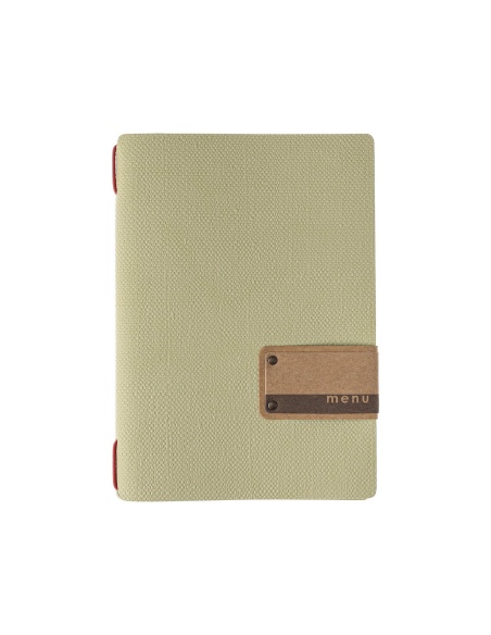 Porta Menu A5 (16,5x23,1 cm) etichetta PATCH "personalizzata" (minimo 18 pezzi) 2 buste (4 facciate) elastico rosso JUTA SALVIA