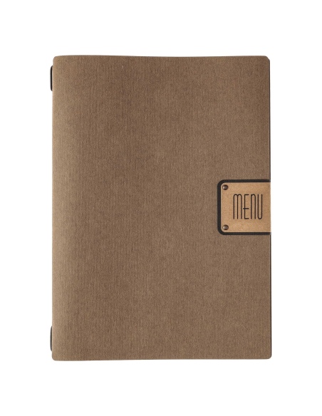 Porta Menu A4 (23,2x31,8 cm) etichetta PATCH "personalizzata" (minimo 18 pezzi) 2 buste (4 facciate) elastico nero ECOMENU MARRO
