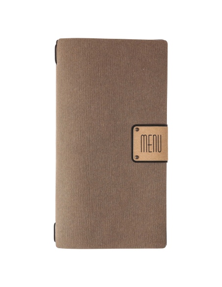 Porta Menu A4 SLIM (17,4x31,8 cm) etichetta PATCH "menu" 2 buste (4 facciate) elastico nero ECOMENU MARRONE sp. 0.6