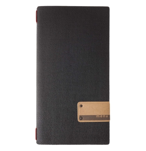 Porta Menu A4 SLIM (17,4x31,8 cm) etichetta PATCH "menu" solo elastico rosso JUTA NERO