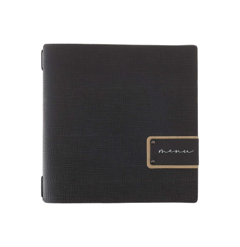 Porta Menu QUADRATO (23x23,1 cm) etichetta PATCH "menu" 2 buste (4 facciate) elastico nero CHEF NERO