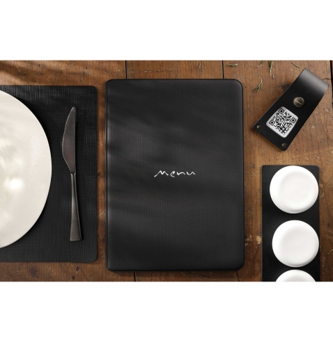Porta Menu TOSCANA A4 scritta menu serigrafata 6 buste + 2 tasche NERO TEX