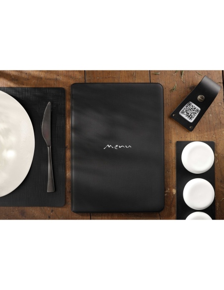 Porta Menu TOSCANA A4 scritta menu serigrafata 6 buste + 2 tasche NERO TEX