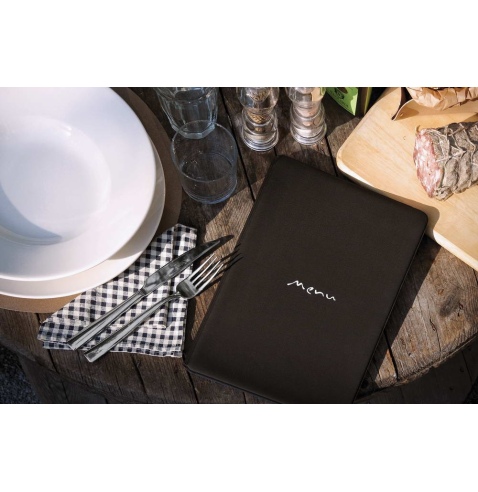 Porta Menu TOSCANA A4 scritta menu serigrafata 6 buste + 2 tasche NERO TEX