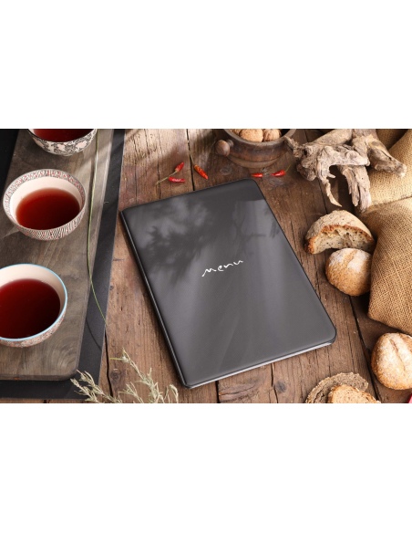 Porta Menu TOSCANA A4 scritta menu serigrafata 6 buste + 2 tasche NERO TEX