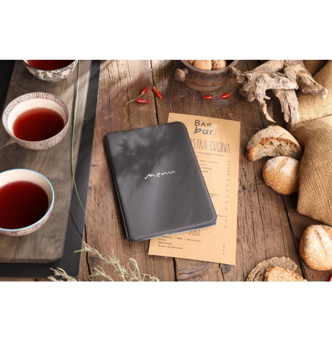 Porta Menu TOSCANA A5 scritta menu serigrafata 6 buste + 2 tasche NERO TEX