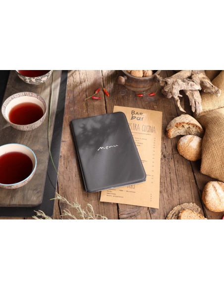 Porta Menu TOSCANA A5 scritta menu serigrafata 6 buste + 2 tasche NERO TEX