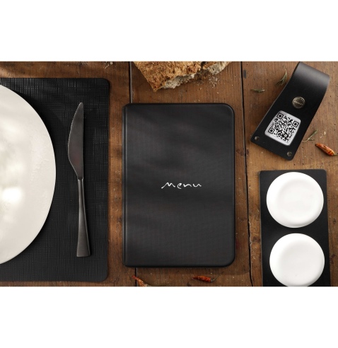 Porta Menu TOSCANA A5 scritta menu serigrafata 6 buste + 2 tasche NERO TEX