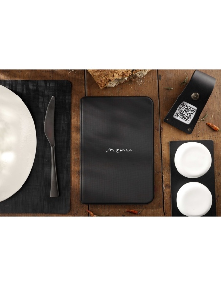 Porta Menu TOSCANA A5 scritta menu serigrafata 6 buste + 2 tasche NERO TEX