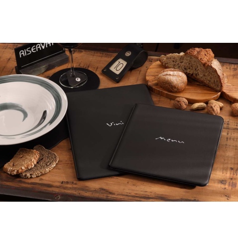 Porta Menu TOSCANA A4 scritta vini serigrafata 6 buste + 2 tasche NERO TEX