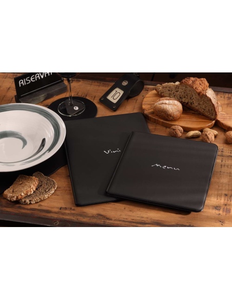 Porta Menu TOSCANA A4 scritta vini serigrafata 6 buste + 2 tasche NERO TEX