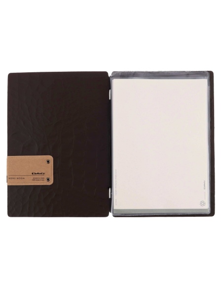 Porta Menu A5 (16,5x23,1 cm) etichetta PATCH "personalizzata" (minimo 18 pezzi) 2 buste (4 facciate) elastico nero FASHION MARRO