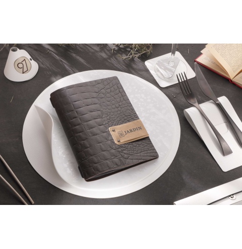 Porta Menu A5 (16,5x23,1 cm) etichetta PATCH "personalizzata" (minimo 18 pezzi) 2 buste (4 facciate) elastico nero FASHION MARRO