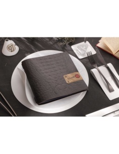 Porta Menu QUADRATO (23x23,1 cm) etichetta PATCH "menu" 2 buste (4 facciate) elastico nero FASHION MARRONE COCCODRILLO 2