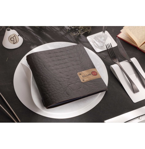 Porta Menu QUADRATO (23x23,1 cm) etichetta PATCH "menu" 2 buste (4 facciate) elastico nero FASHION MARRONE COCCODRILLO
