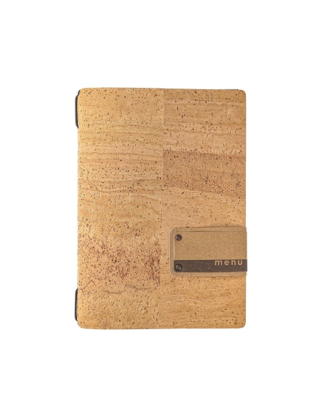 Porta Menu A5 (16,5x23,1 cm) etichetta PATCH "menu" 2 buste (4 facciate) elastico nero SUGHERO NATURALE sp. 1.4