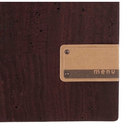 Porta Menu A4 (23,2x31,8 cm) etichetta PATCH "menu" 2 buste (4 facciate) elastico nero SUGHERO MARRONE sp. 2.5