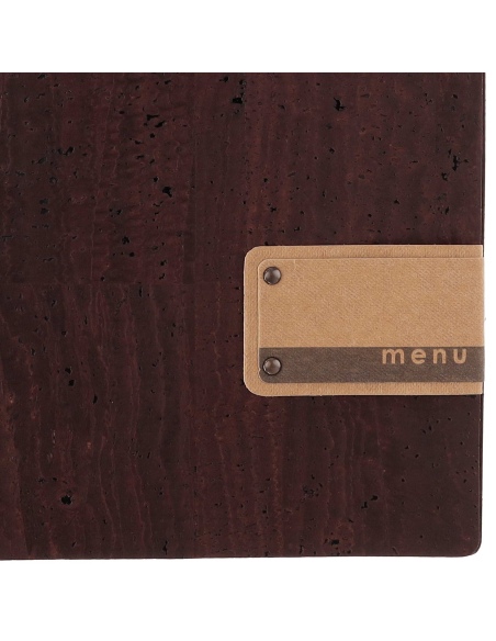 Porta Menu A4 (23,2x31,8 cm) etichetta PATCH "menu" 2 buste (4 facciate) elastico nero SUGHERO MARRONE sp. 2.5