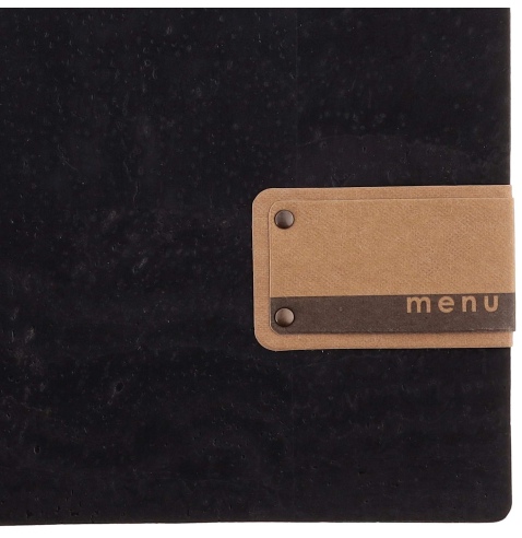 Porta Menu A4 (23,2x31,8 cm) etichetta PATCH "menu" 2 buste (4 facciate) elastico nero SUGHERO NERO sp. 2.5